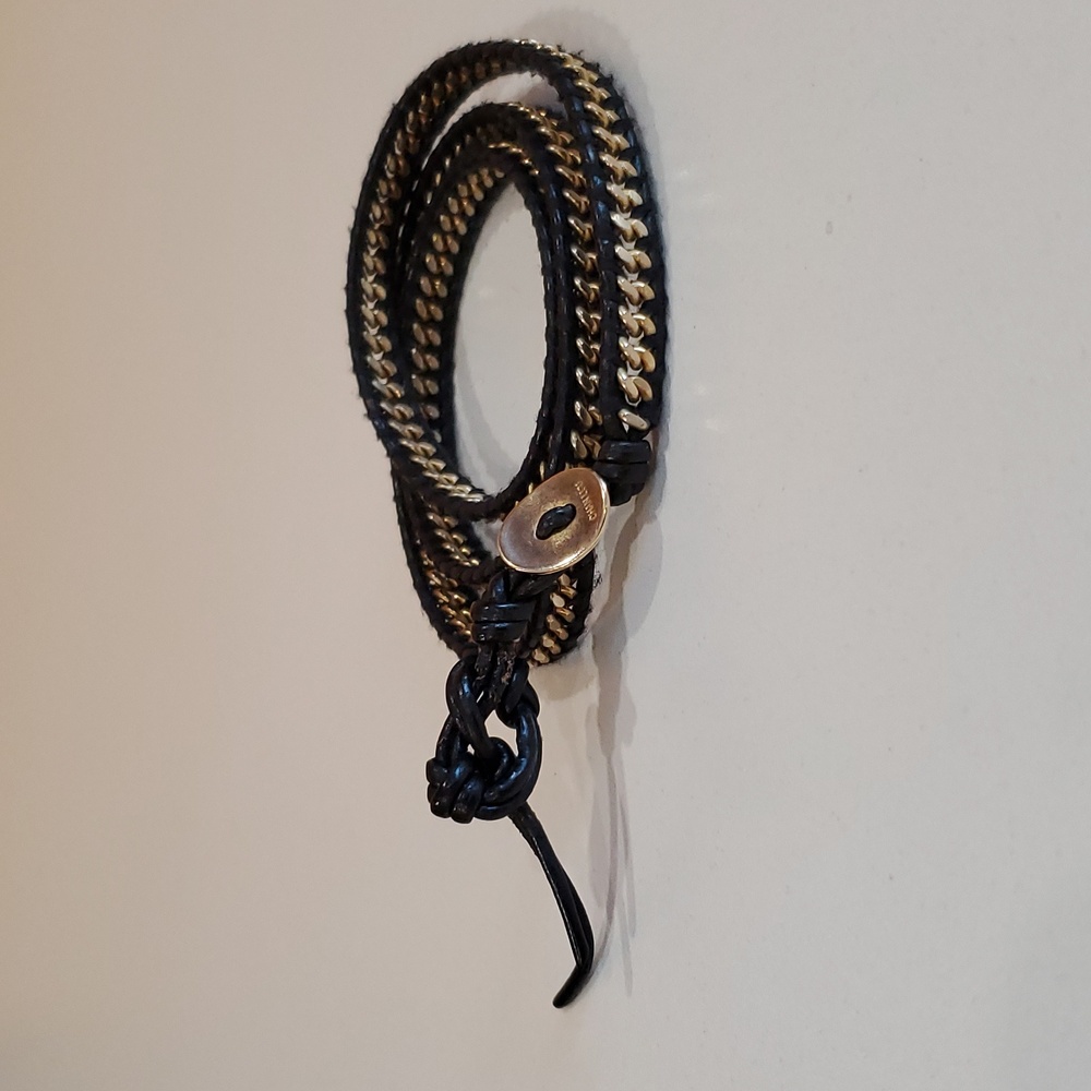 CHAN LUU Long Black Leather With Gold Metallic Links Wrap Bracelet 22"